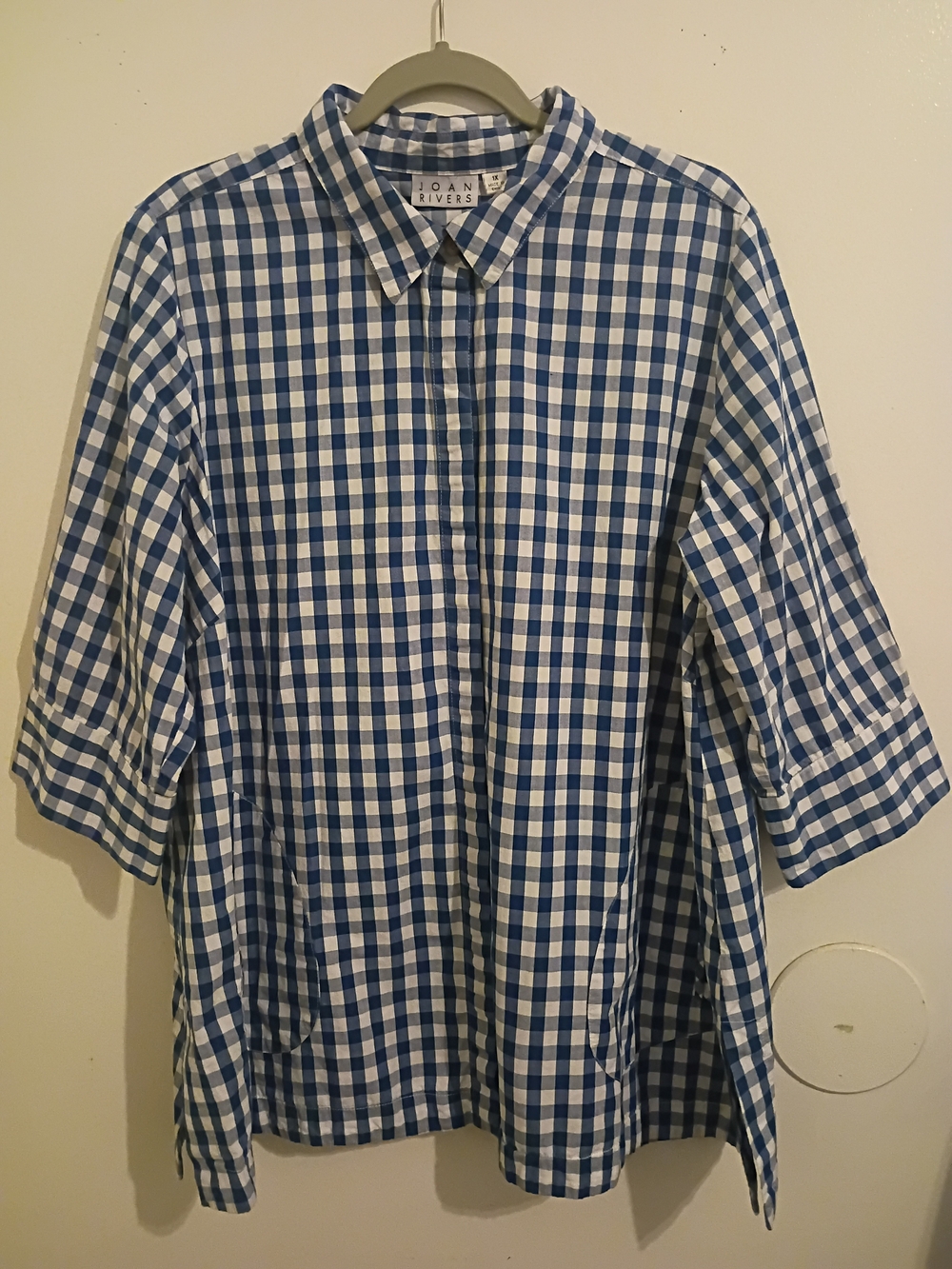 Joan Rivers Blue & White Gingham Top Pockets Sz 1X
